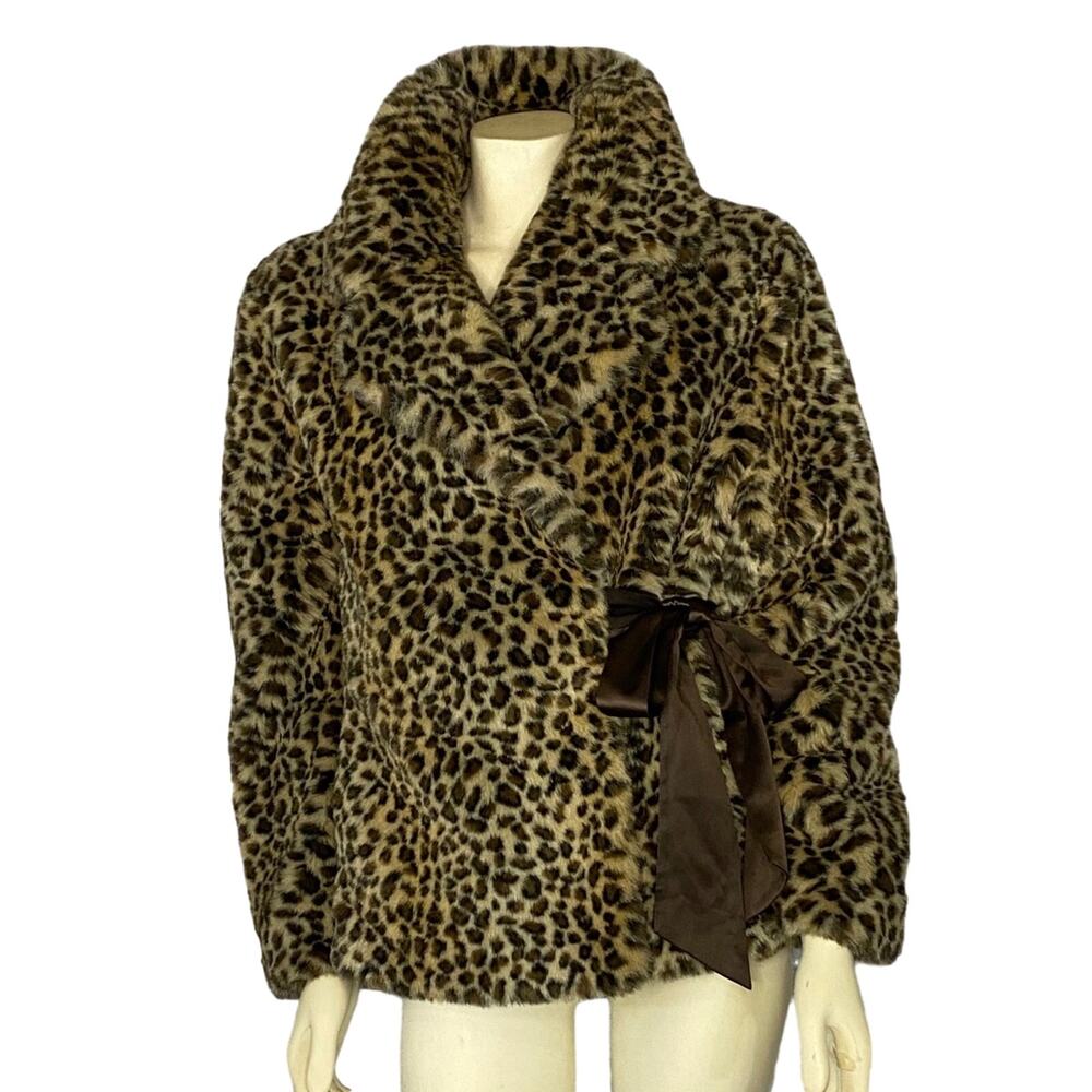 Vintage 2000s Leopard Faux Fur Wrap Coat Jacket With Side Ribbon Tie Large - Picture 3 of 16